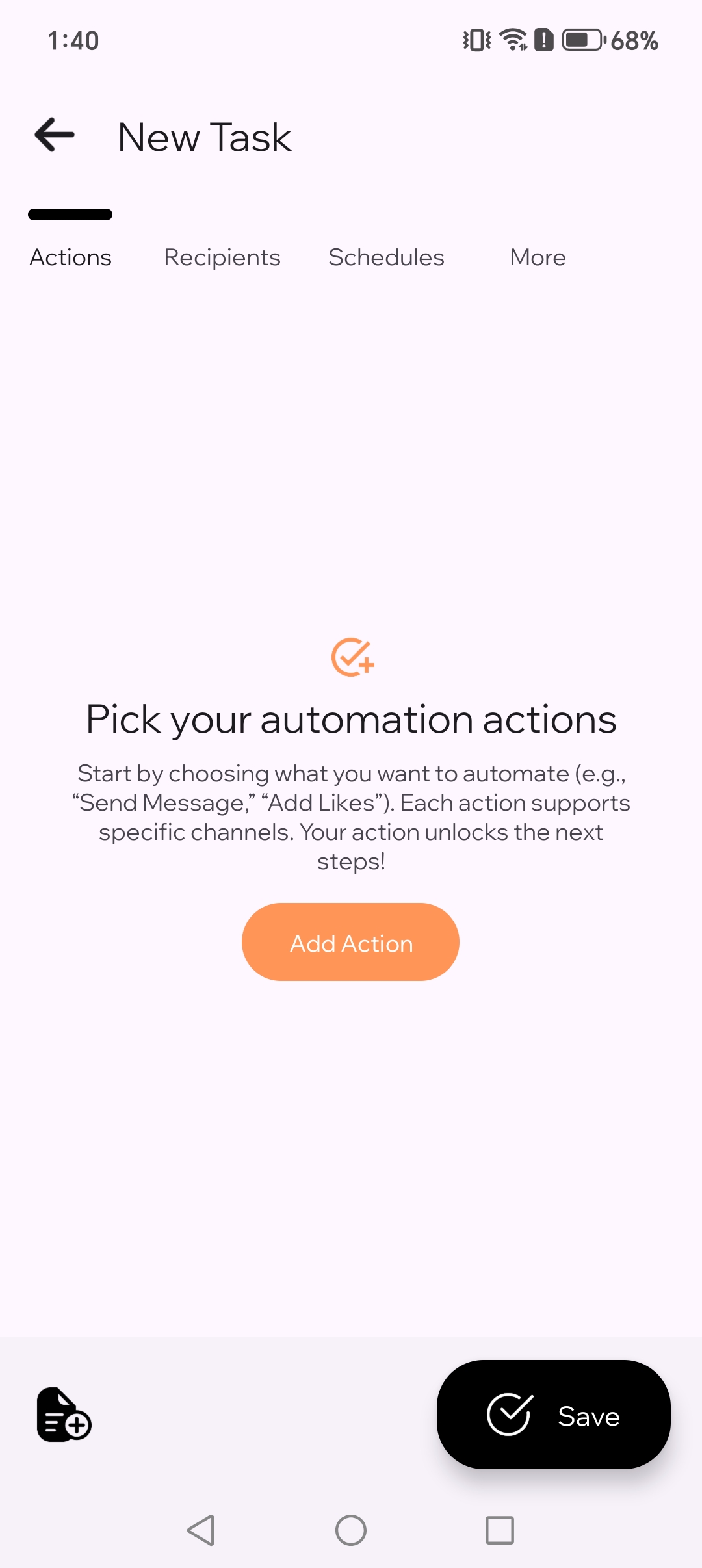 TikTask new task screen showing pick action button