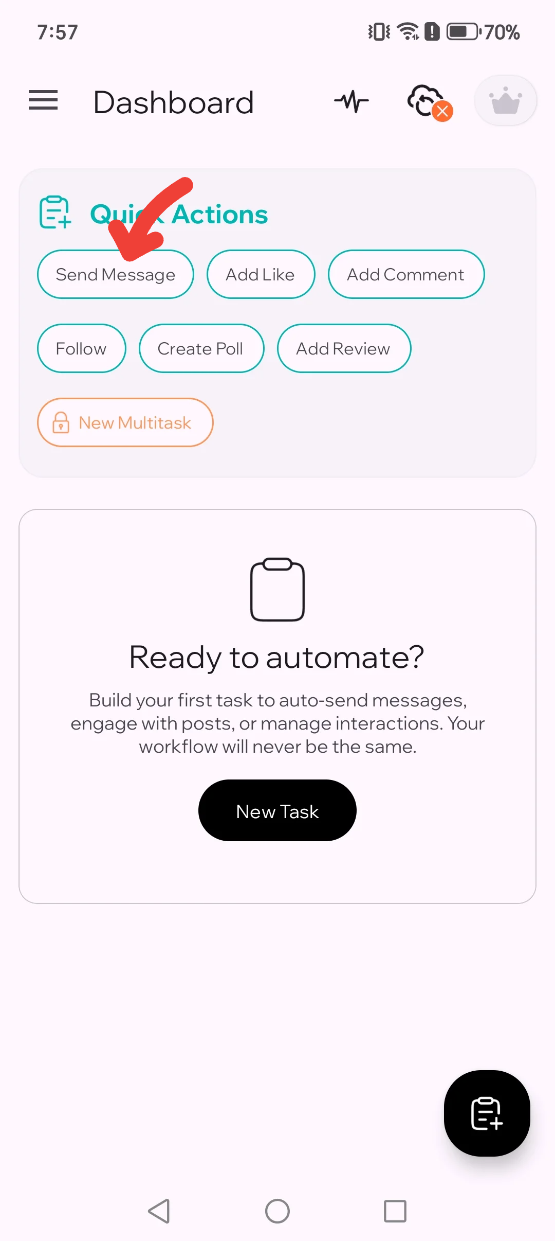 Quick actions panel with Send Message highlighted